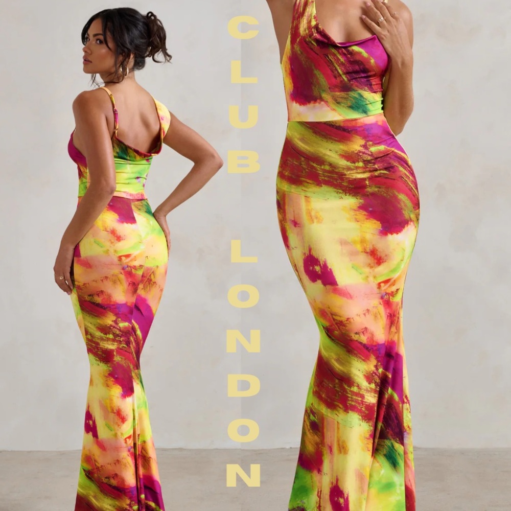 Club L London Yellow & Pink Abstract Maxi Dress